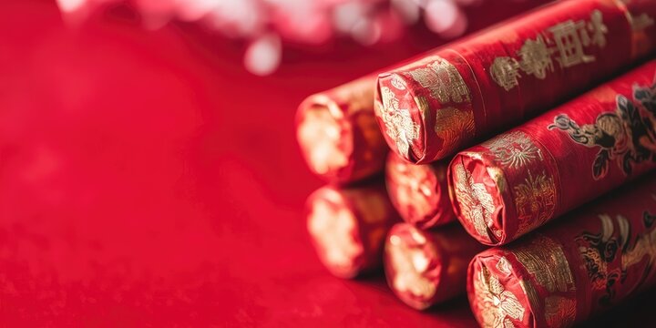Close up of traditional chinese new year firecrackers on vibrant red background for festive celebration - Powered by Adobe