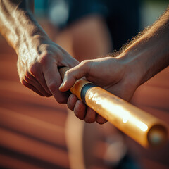 Close-up of hands passing the baton in a race, close-up on a track and field event, an athlete handing a trophy to a homeowner against an abstract background,