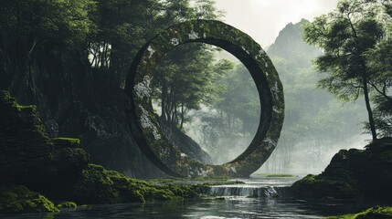 Fototapeta premium Enigmatic circular structure emerging in lush landscape with mist and water features showcasing nature's beauty and architectural fusion