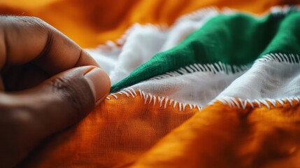 A person holds a piece of fabric displaying the vibrant colors of the Indian flag, symbolizing national pride