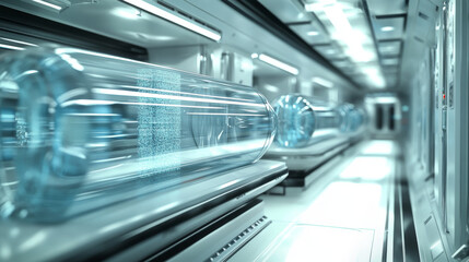 Fototapeta premium Cryonics capsules, empty and full futuristic containers, glass tubes with cryogenic liquid for hibernation. Scientific technology camera, Sci-fi laboratory equipment, Realistic 3d vector illustration