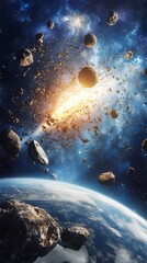 Fototapeta premium View from space to the planet earth, galaxies, stars, comet, asteroid, meteorite, nebula, saturn, jupiter. cosmic panorama of the universe. space travel fantasy. space background. 