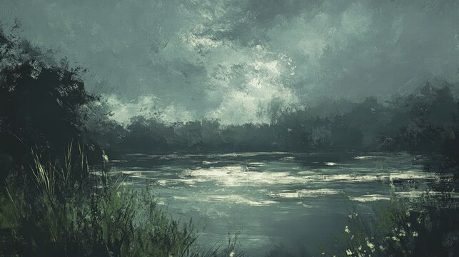 Dramatic summer storm over a wild pond with dark clouds and moody reflections in the water creating a serene yet intense atmosphere