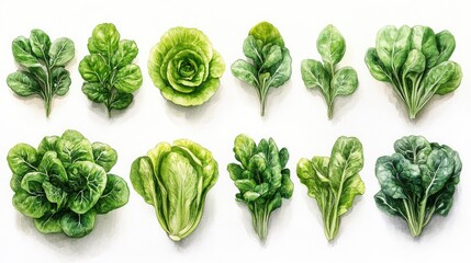 Variety of fresh lettuce types arranged aesthetically on a white background showcasing vibrant greens for design and culinary use
