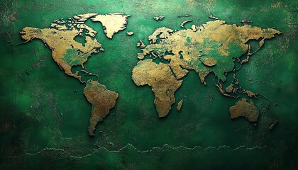 Green world map with a focus on the continents in varying green tones, surrounded by ocean and intricate borders, showcasing geographical details