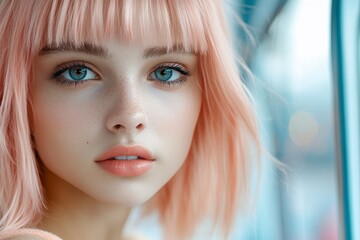 Fototapeta premium Young woman with pastel pink hair gazes thoughtfully out of a window on a bright day