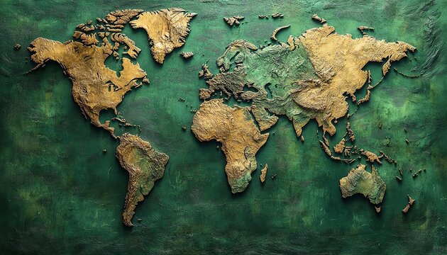 Green world map with continents highlighted in rich green tones, intricate details of countries and topography, ocean in deep blue