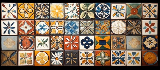 Vintage mosaic tiles with intricate patterns in mixed colors for stylish interior decoration and design inspiration.