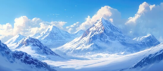 Obraz premium Majestic snowy mountain landscape with a bright blue sky and fluffy clouds perfect for winter activities and skiing adventures.