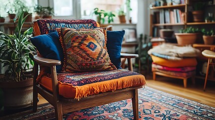 Wooden Chair With Colorful Pillows In Cozy Room