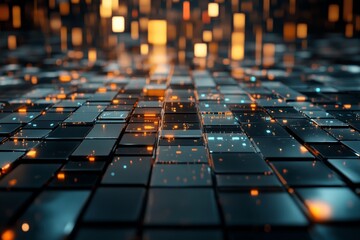 Abstract digital landscape with glowing tiles and vibrant light reflections in a dark environment