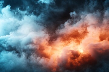 Colorful swirling clouds blend orange and blue hues, creating a dramatic sky during twilight