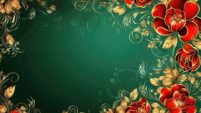 Elegant Floral Background Template for Greeting Card with Text Space in Rich Green and Gold with Red Flowers