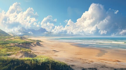 Obraz premium Scenic coastal summer landscape with serene beaches and dramatic clouds under a vibrant blue sky