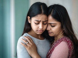 loving daughter embraces her sad mother, offering comfort and emotional support in heartfelt moment