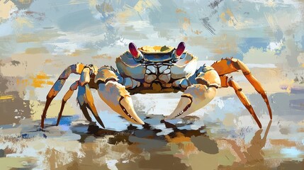 Fototapeta premium Vibrant ghost crab amidst colorful beach landscape showcasing alert posture and natural habitat in impressionistic style.