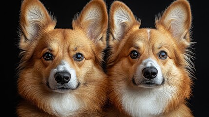 Welsh Corgi Pembroke dogs side by side against a black backdrop showcasing their expressive features in a studio environment