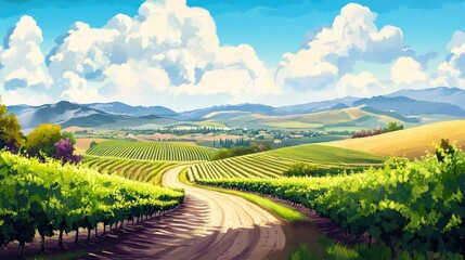 Fototapeta premium Scenic vineyard landscape with rolling hills and a winding road under a bright spring sky showcasing lush grapevines and distant mountains