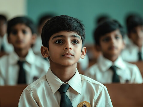 young boy in school uniform attentively listens in classroom with peers in background