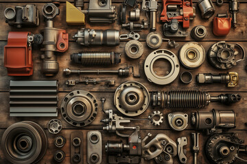 Various car spare parts on a mechanic workbench background in a garage, auto repair shop or auto parts store concept...