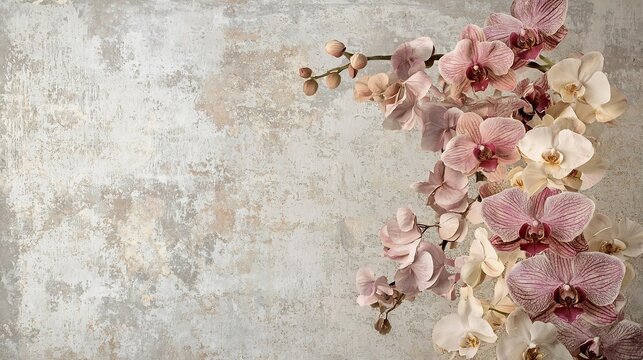 Elegant Vintage Floral Design with Hydrangeas and Orchids in Soft Pastel Colors on Faded Linen Texture