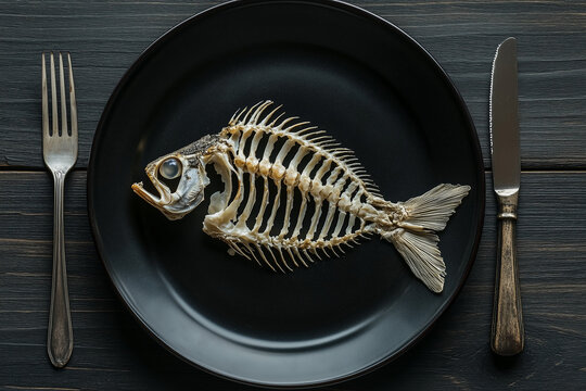 Fish skeleton on a plate on a kitchen table, poverty, nothing to eat concept..