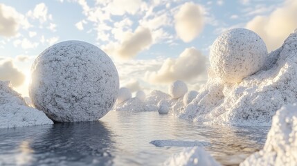 Serene landscape with white spherical stones reflecting in tranquil water under a cloudy sky in a dreamy natural setting