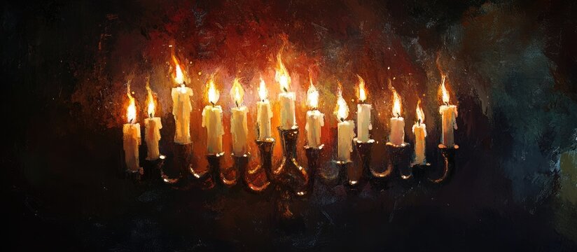 Seventh night of Hanukkah with lit candles in a traditional Menorah glowing against a dark background