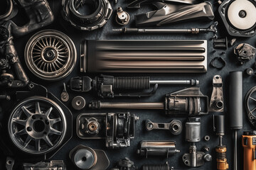 Various car spare parts on a mechanic workbench background in a garage, auto repair shop or auto parts store concept...