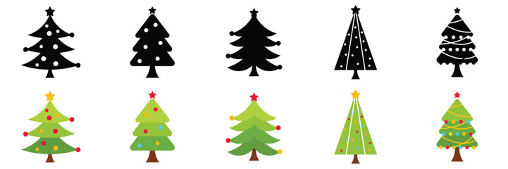 Various Christmas tree silhouettes. Pine Trees vector trees set. Tree icons set in a modern flat style. Vector silhouette graphic trees element .New year symbols, xmas decorative trees doodle style.
