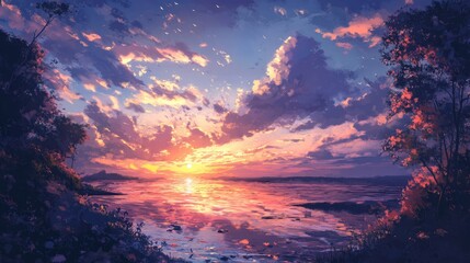 Fototapeta premium Tranquil Cloudy Sunset Over Serene Water Reflecting Vibrant Colors of Dusk and Nature's Beauty