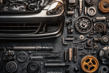 Various car spare parts on a mechanic workbench background in a garage, auto repair shop or auto parts store concept...