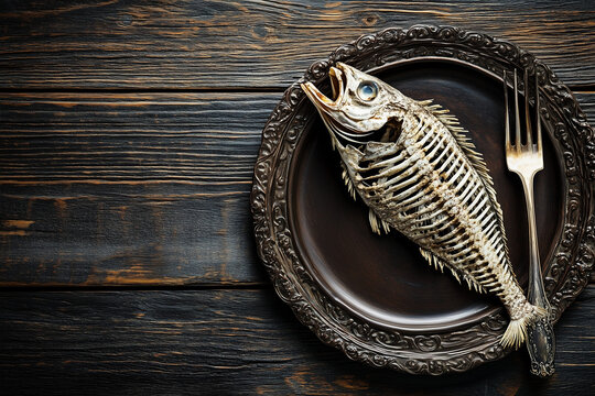 Fish skeleton on a plate on a kitchen table, poverty, nothing to eat concept..