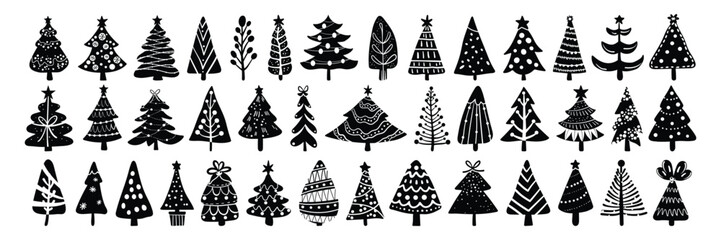 Set of isolated Christmas trees in cute doodle hand-drawn style on a transparent background. Volume 4: Black silhouette style.