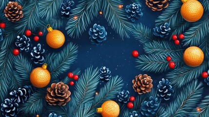 Festive Christmas tree decorations with pinecones and colorful ornaments on a dark blue background for holiday themes and designs