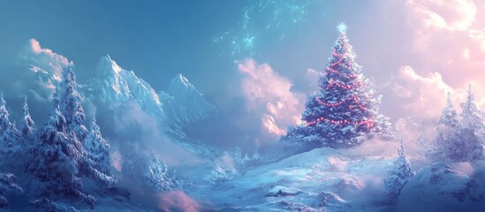 Snowy Winter Landscape with Christmas Tree and Festive Decorations