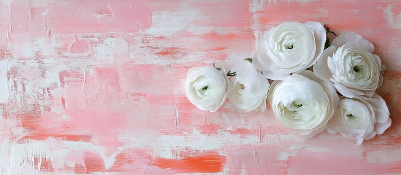 White ranunculus and roses on a soft pink rustic wooden surface creating a romantic floral arrangement background