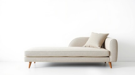 Modern cream-colored chaise lounge with textured fabric upholstery and wooden tapered legs