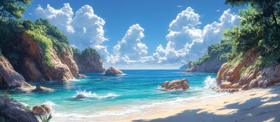 Fototapeta premium Tranquil beach scene with azure sky and turquoise sea framed by lush greenery and gentle waves under a bright sunny day.