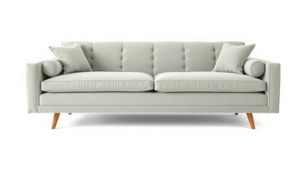 Modern light gray sofa with tufted back and wooden legs, featuring accent pillows, on white background
