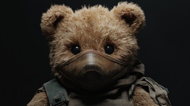 Teddy bear wearing a protective mask with a serious expression symbolizing safety and care during health crises