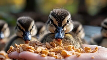 Fototapeta premium Adorable Ducklings Feeding from a Hand in a Natural Setting with Soft Light and Warm Background Creating a Heartwarming Scene of Wildlife Interaction
