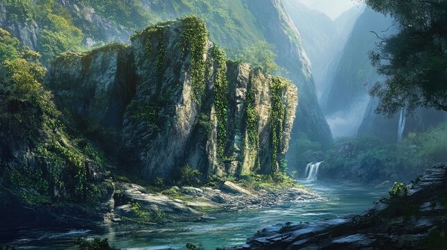 Layered rocks covered in ivy beside a serene river surrounded by lush mountains and misty landscapes in a tranquil natural setting