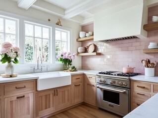 Fototapeta premium Bright Kitchen with Light Wood Cabinets and Pink Tile Backsplash