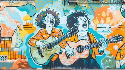 A whimsical mural of two friends playing a guitar and singing, painted on an urban wall, with a trendy street mockup on the side.