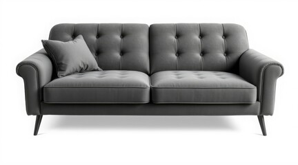 Fototapeta premium Modern gray sofa with tufted cushions and sleek legs, isolated on white background
