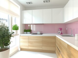 Modern Light Wood Kitchen With Pink Backsplash