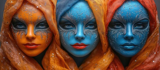 Obraz premium Vibrant closeup of artistic masks showcasing intricate designs and colorful fabrics with unique facial features and textures.