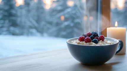 Cozy Nordic Winter Breakfast in Cabin with Table and Delicious Berries