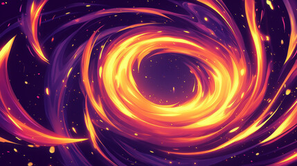 Obraz premium Abstract background with circle fire swirls. Comic effect of blast, explosion, spiral motion with fiery trails, purple and black flame, vector cartoon illustration